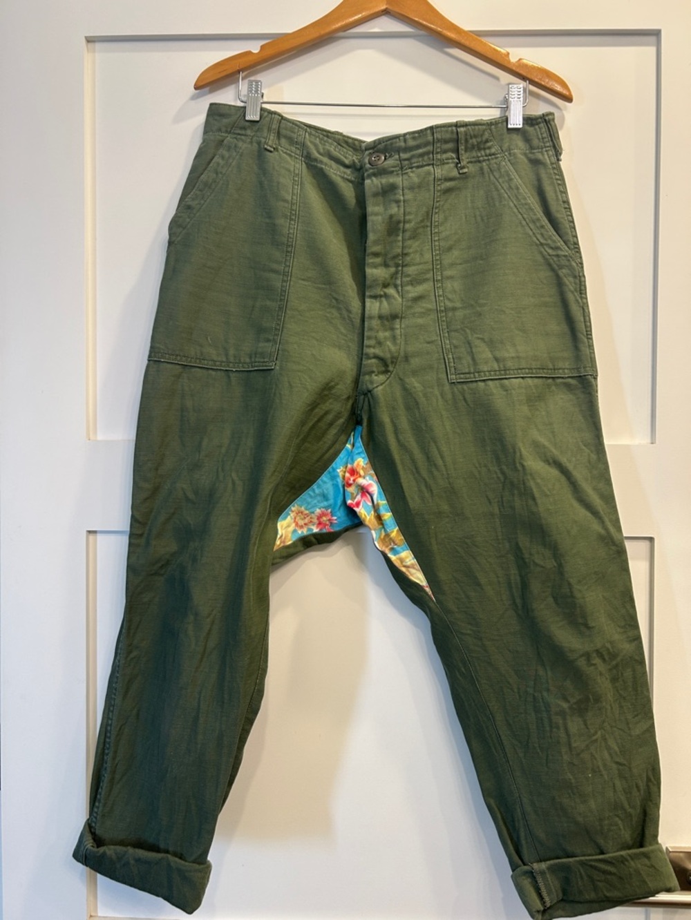 RTH Olive Green Utility Pants with floral accent